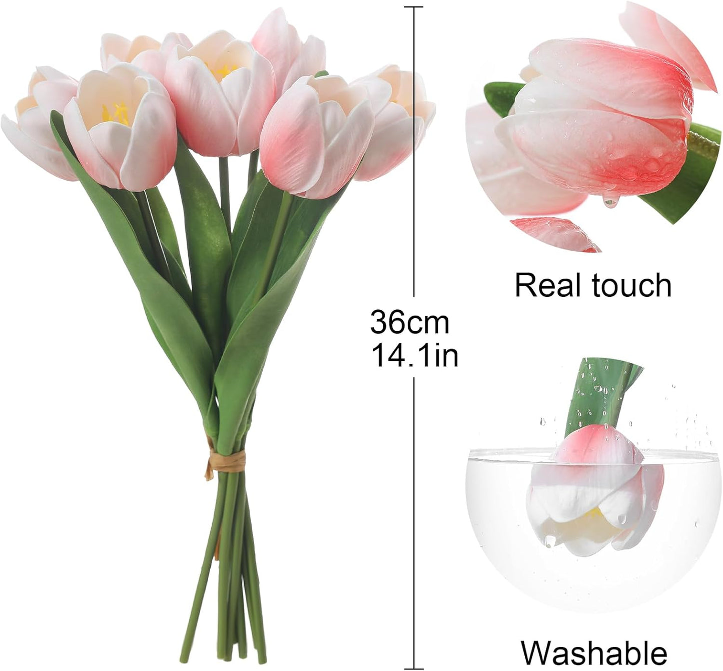 Light Pink Artificial Tulips, 2 Bundles 14Pcs, Fake Tulips Artificial Flowers, 2 x 2.4 Inch Large Flower Head Big Tulip, Easter Valentine's Day Mother's Day Home Decoration Flowers
