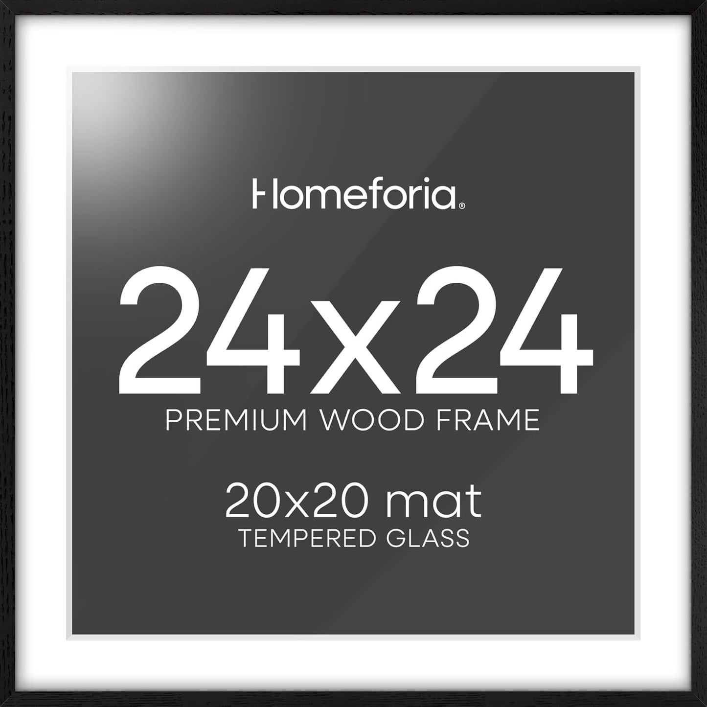 Homeforia 24x24 Black Wood Frame, High End Oak 24 x 24 Square Picture Frames with Mat 20 by 20 inches Photo, 24by24 Black Wooden Poster Frames Matted to 20x20 Print, Tempered Glass, Wall Kit, Set of 1