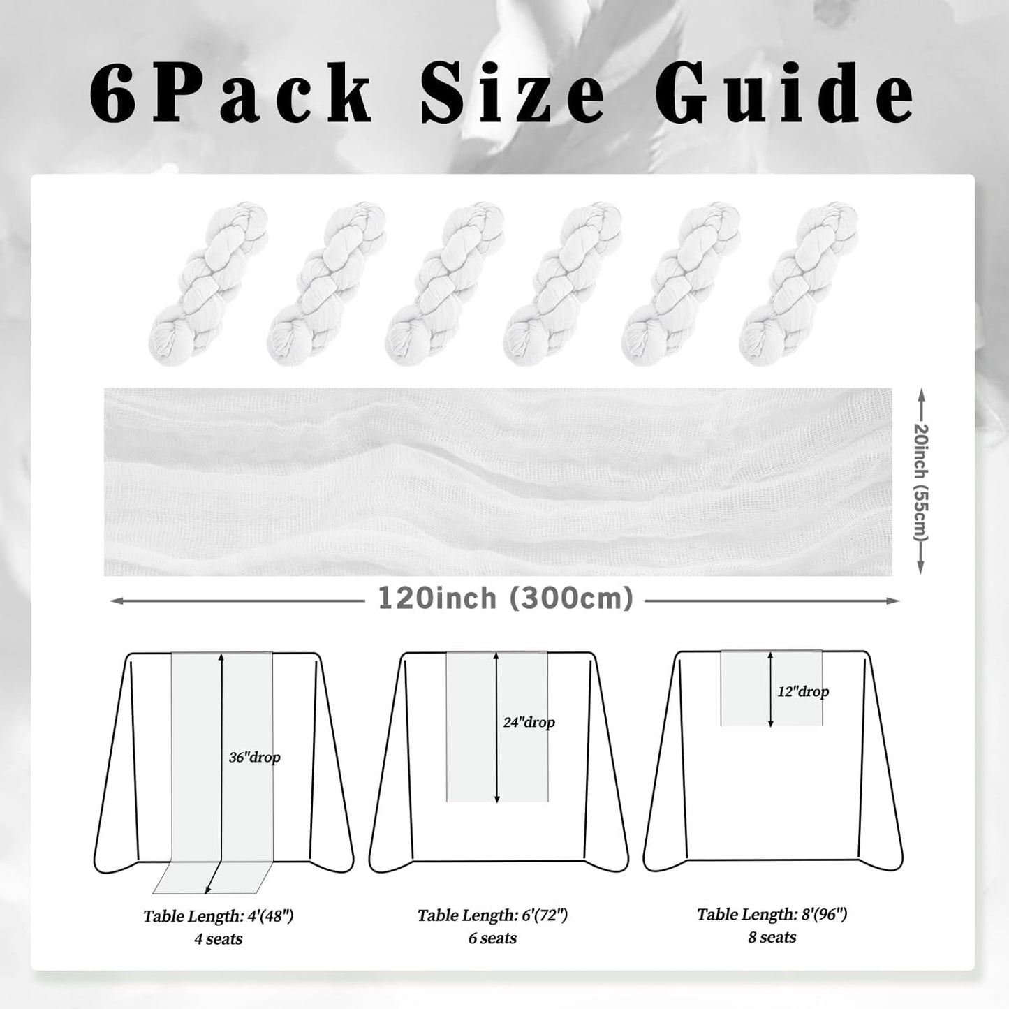 10FT 6 Pack White Cheesecloth Table Runner 20 x 120 Inch Long Rustic Gauze Cheese Cloth Table Runner for Wedding Bridal Baby Shower Table Decorations Boho Fabric Sheer Birthday Party Table Decor