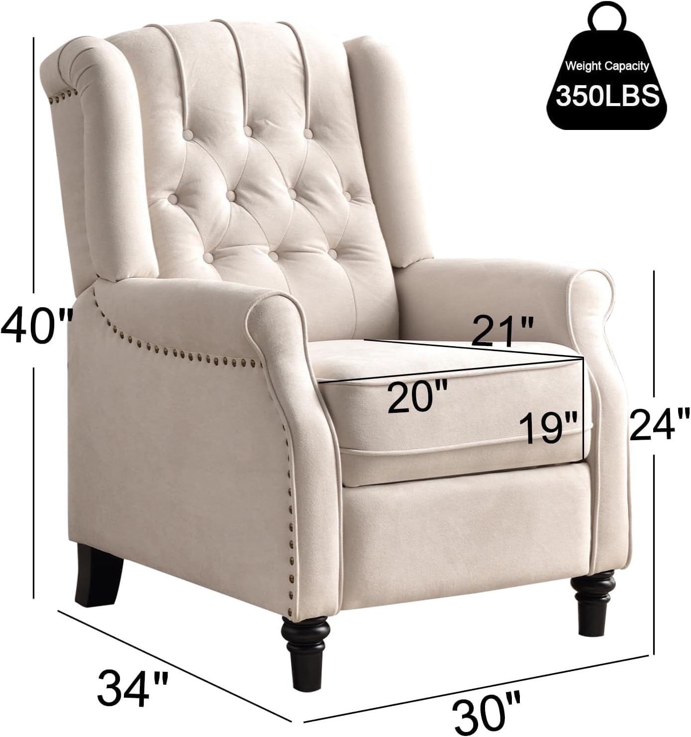 EBELLO 2 Pcs Pushback Recliner Chairs, Fabric Armchair Push Back Recliner with Rivet Decoration, Single Sofa Accent Chair for Living Room, Bedroom,Beige