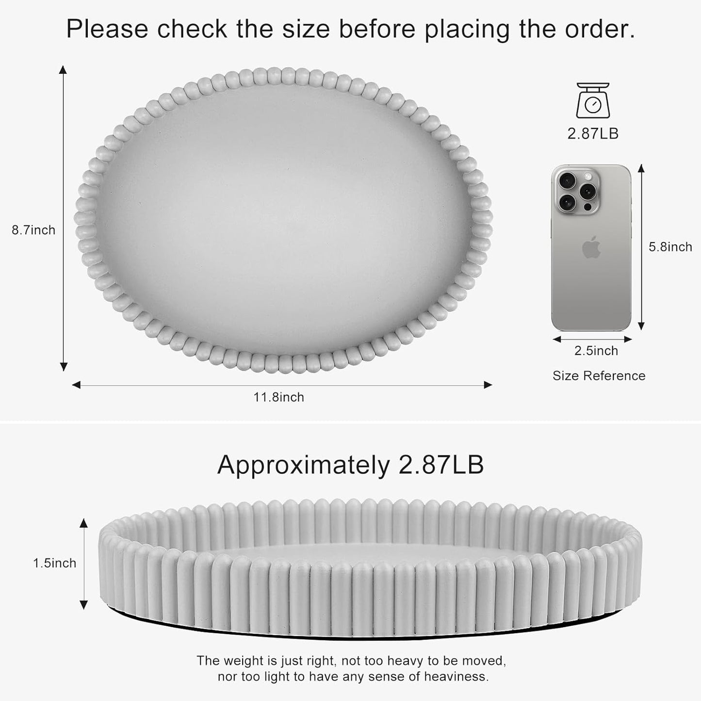 11.8in Decorative Tray for Coffee Table Decor- Modern Oval Concrete Tray for Home Decor- Minimalist Handcrafted Centerpieces Tray for Living Room, Kitchen Dining Table, Entryway (Gray)