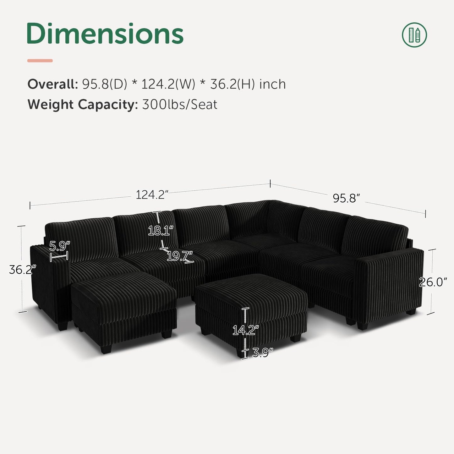 HONBAY Corduroy Sectional Couch with Storage U Shaped Sectional Sofa Modular Sectional Couches for Living Room, Black