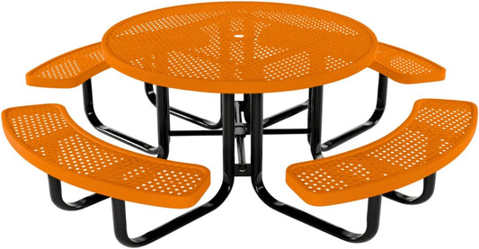 Heavy-Duty Portable Outdoor Kids Table with Umbrella Hole, Punched Steel Kids Picnic Table, Commercial-Grade, Made in America (46 in, Round, Childrens, Textured Orange)