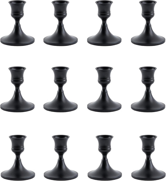 Black Taper Candle Holder, Candlestick Holders, Vintage Metal for Table Centerpieces Wedding Decor (Matte Black, 12 Pcs)
