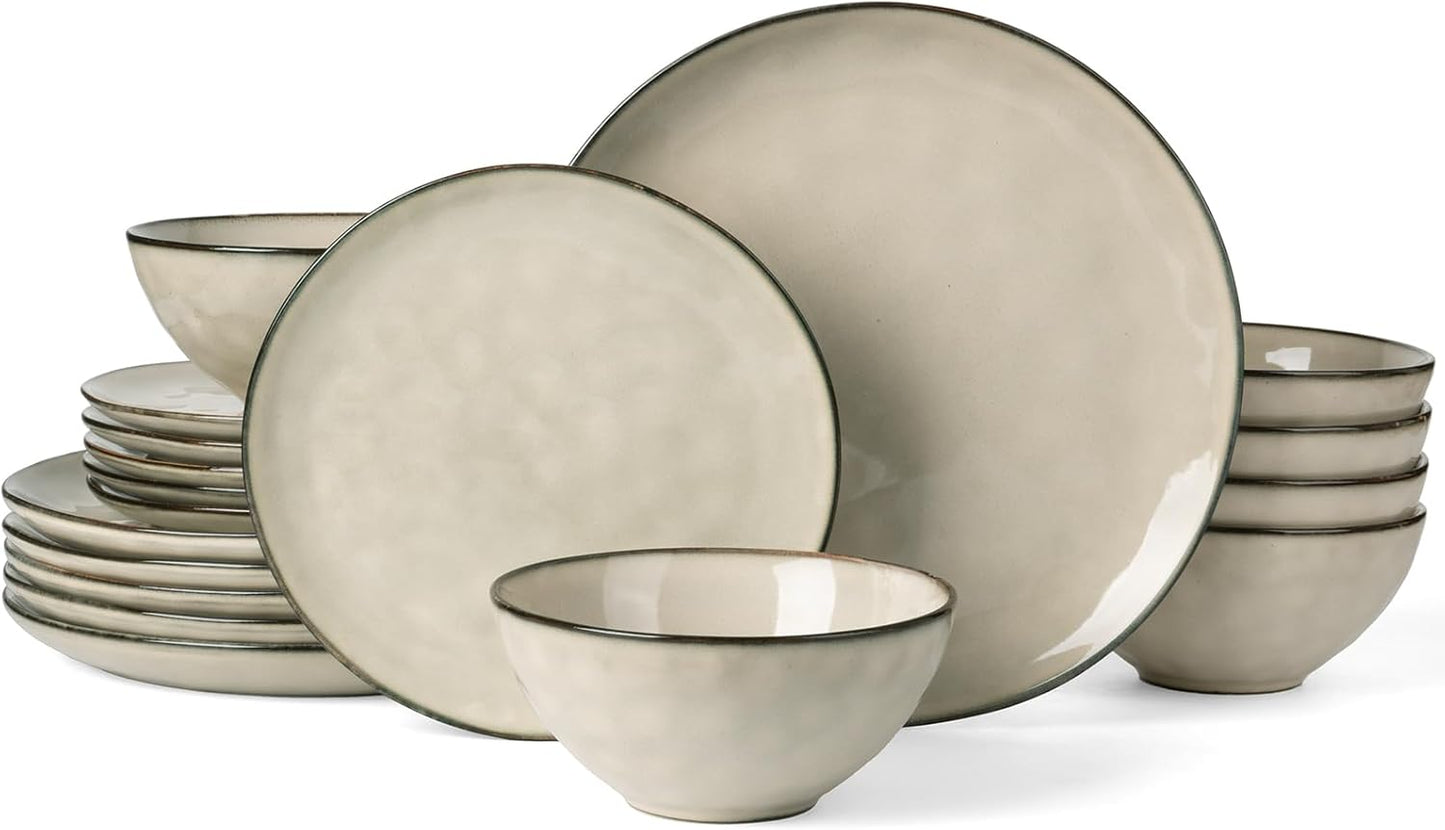 Famiware Dinnerware Sets for 6, Ocean Round 18-Piece Kitchen Plates and Bowls Sets, Microwave and Dishwasher Safe, Scratch Resistant, Light khaki
