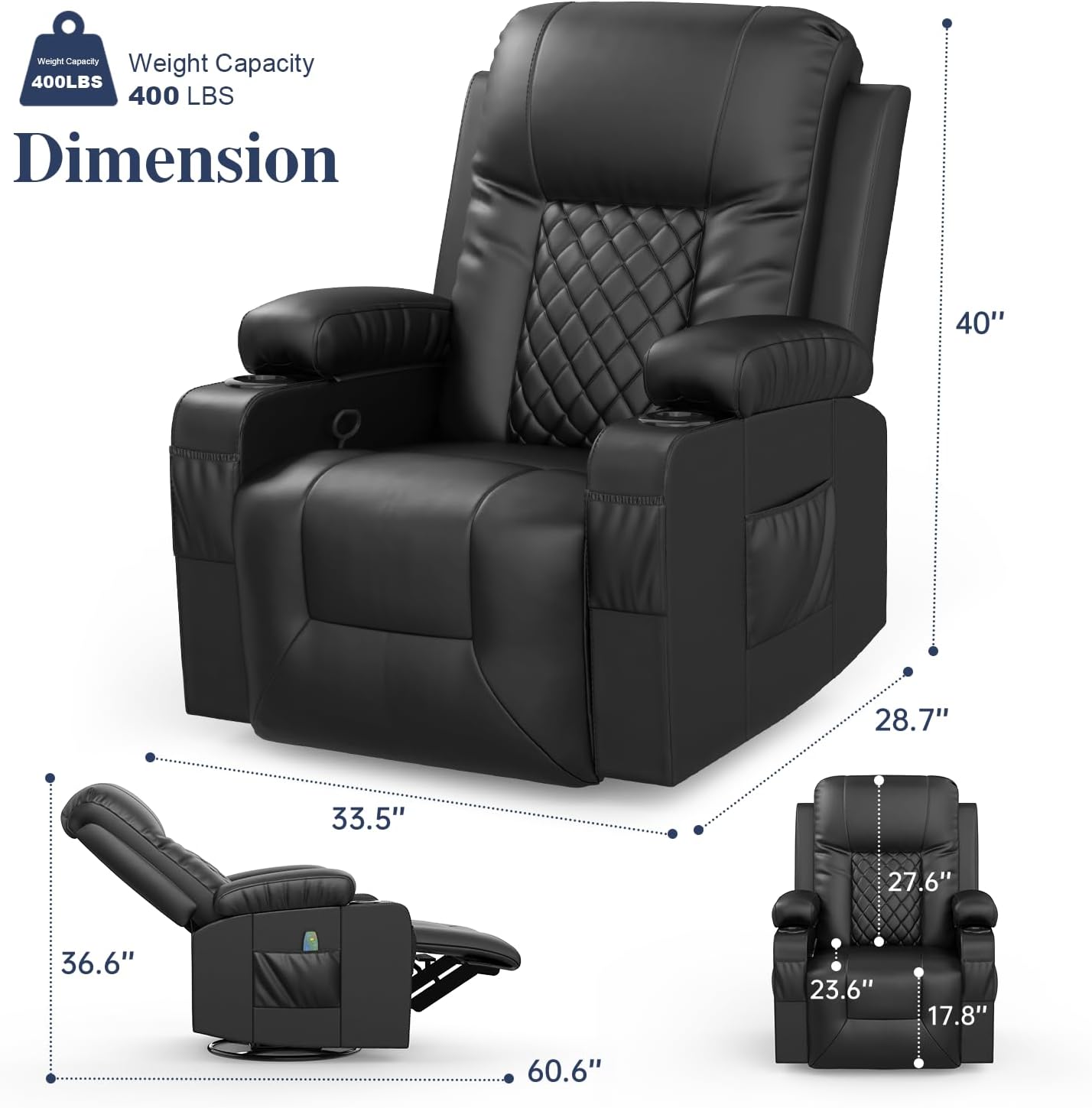 Recliner Chairs for Adults, FSC Certified Massage Rocker with Heated Modern Ergonomic Lounge 360 Degree Swivel Single Sofa Seat Living Room Lounge Recliners Black