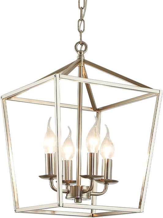 4-Light Brushed Nickel Farmhouse Chandelier, 12" Industrial Ceiling Light Lantern Pendant Light with Metal Cage Adjustable Height Rustic Hanging Light E12 Base for Kitchen Island Dining Room Entryway
