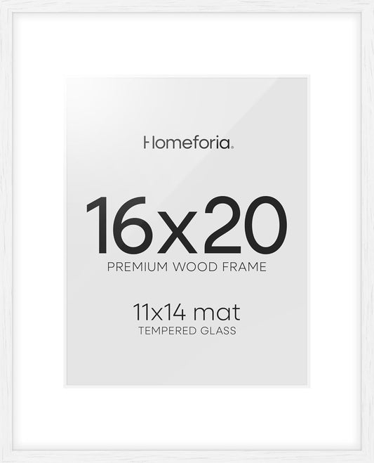 Homeforia 16x20 White Picture Frame, High End Oak 16x20 White Wood Frame with Mat 11x14 Photo, 16 x 20 Wooden Poster Frames Matted to 11 by 14, 20x16 Hanging Frames, Tempered Glass, Wall Kit, Set of 1