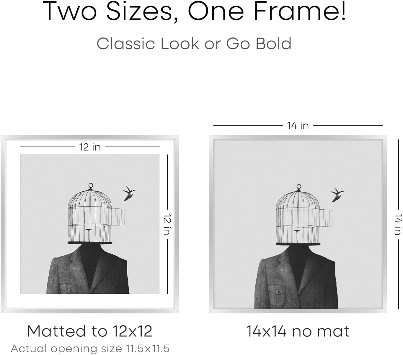 Homeforia Silver 14x14 Picture Frame, High End Metal 14 x 14 Square Frame with Mat 12 x 12 Photo, 14x14 Poster Frames Matted to 12x12 Print, 14 by 14 Hanging Frames, Tempered Glass, Wall Kit, Set of 1