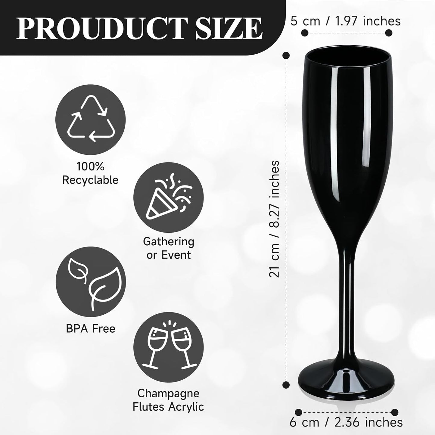 XUWAIDSGN Acrylic Champagne Flutes Toasting Glasses Unbreakable Mimosa Bar Reusable Wine Glasses Vintage Champagne Flutes Stemmed Drinking Cups 5.4 OZ for Christmas Birthday (100, Black)