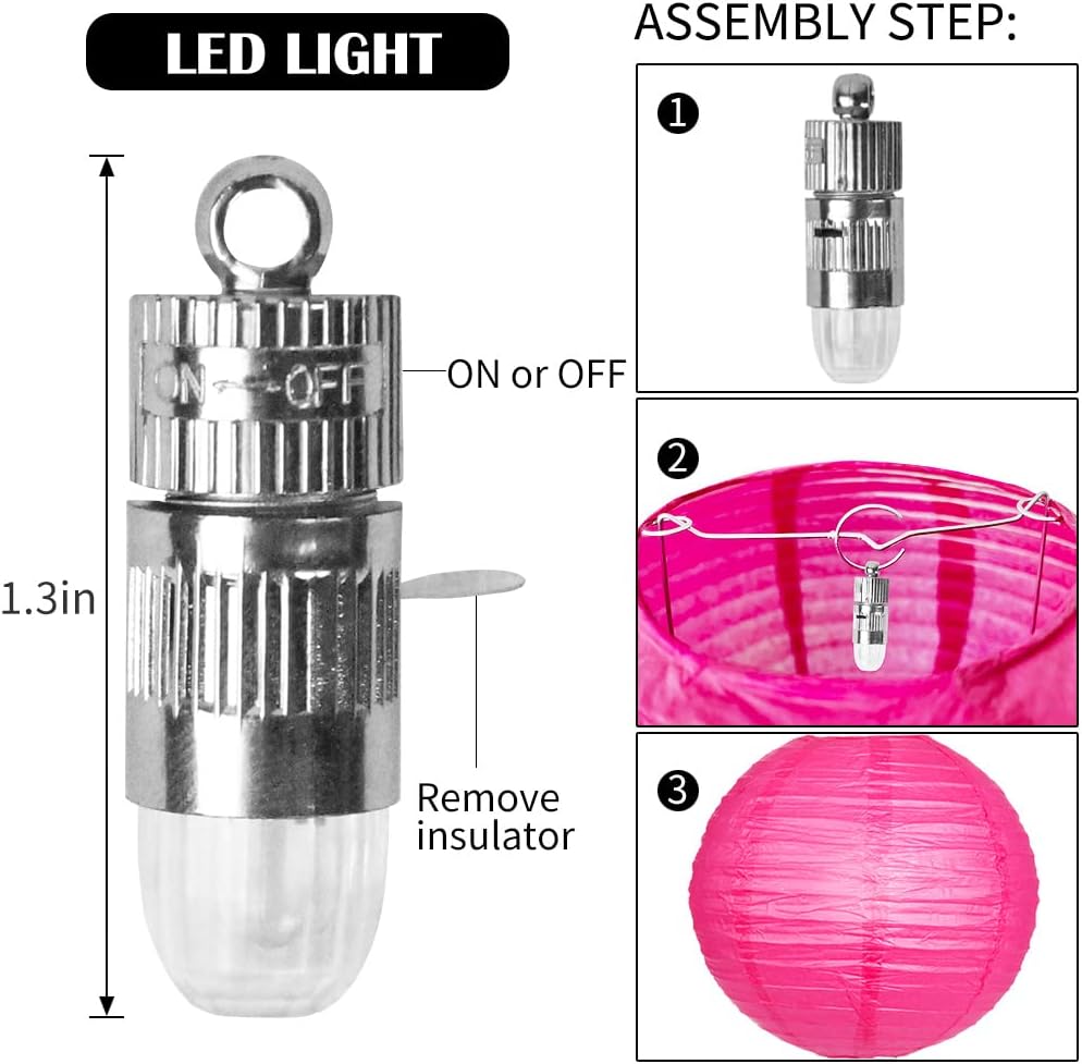 Paper Lanterns Decorative, Pink Hanging Round Chinese Lanterns with Lights for Engagement Bachelorette Birthday Party 12 LED Light Pack of 12