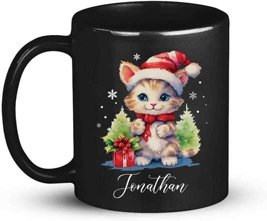 Cute Christmas Cat Cup, Customized Animal Coffee Mug, Gift For Birthday, Personalized Animal Lover Black Cup 11oz 15oz, Custom Xmas Cat Design Mug For Girl