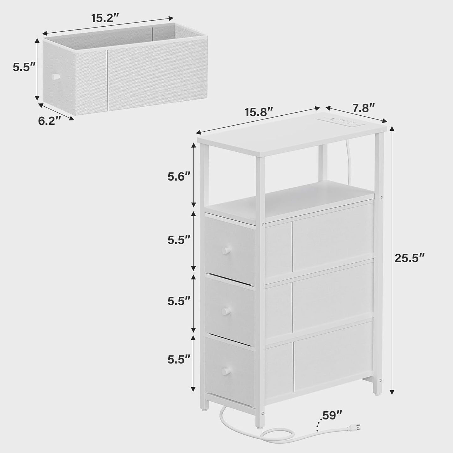 TUTOTAK Narrow LED Night Stand with Charging Station, Slim End Table with Plugins, Tall Side Table with 3 Fabric Drawer, Small Bedside Table with Storage, Set of 2, for Living Room, White TB01BW073L