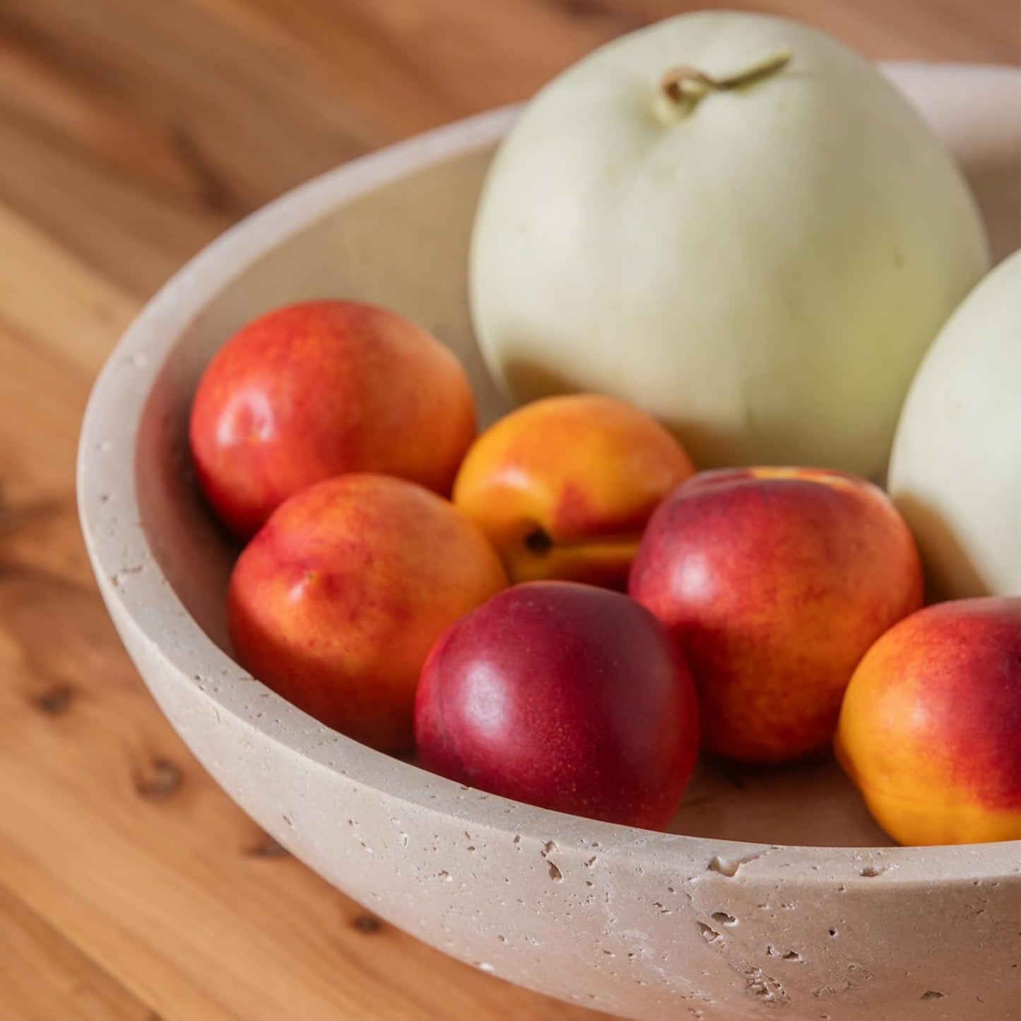 Natural Travertine Fruit Bowl 11.8" – Large Decorative Bowl & Travertine Decor Pedestal for Kitchen Counter & Dining Table ,For Entryway, Kitchen Fruit Bowl, Potpourri, Dining Table Centerpiece.