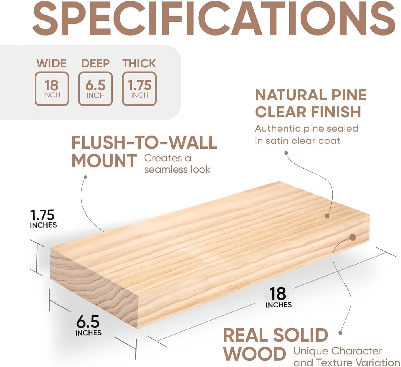 Homeforia 18 inch Natural Floating Shelf, High End Solid Real Wood 18inch Small Floating Shelves for Wall Mounted, Natural Wooden Floating Shelves, Heavy Duty Bracket, 18 X 6.5 X 1.75 in, Set of 2