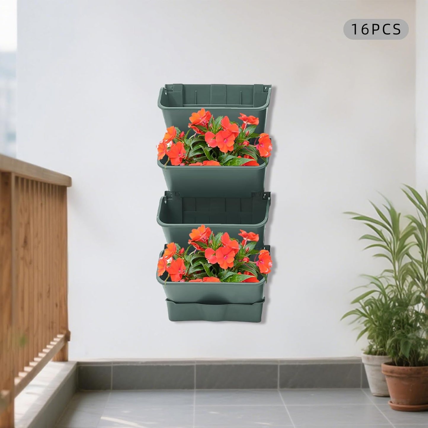20Pack Vertical Wall Planter, 13 inch Wall Mounted Garden Planters, Stackable Wall Hanging Planter, Plastic Flower Pot with 4 Drainage Tray & 6.56FT Drainage Pipe for Indoor and Outdoor (Green)