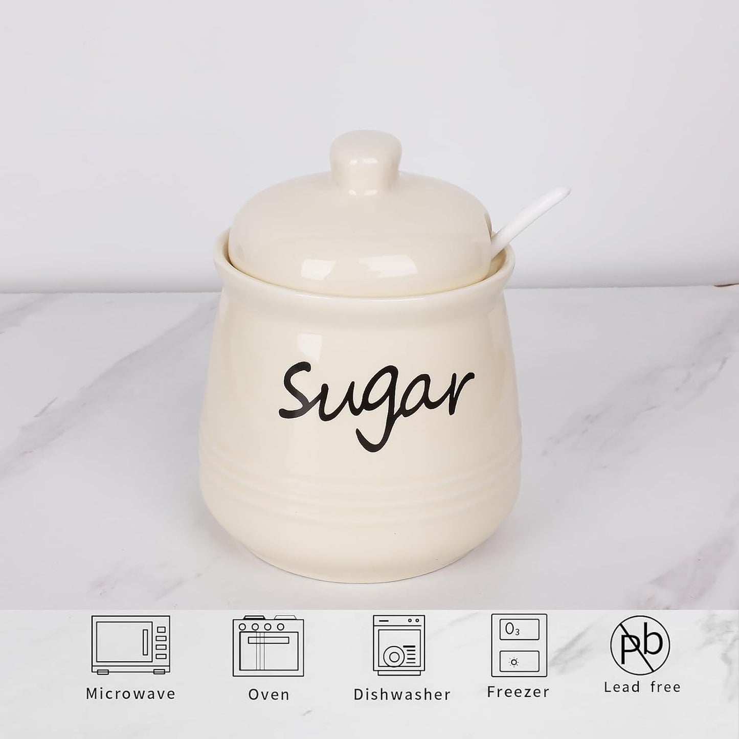 HAOTOP 12oz Sugar Bowl with Lid and Spoon,Ceramic Sugar Jar Sugar Dispenser Sugar Container Coffee Bar Accessories, Kitchen Countertop Canisters, Beige