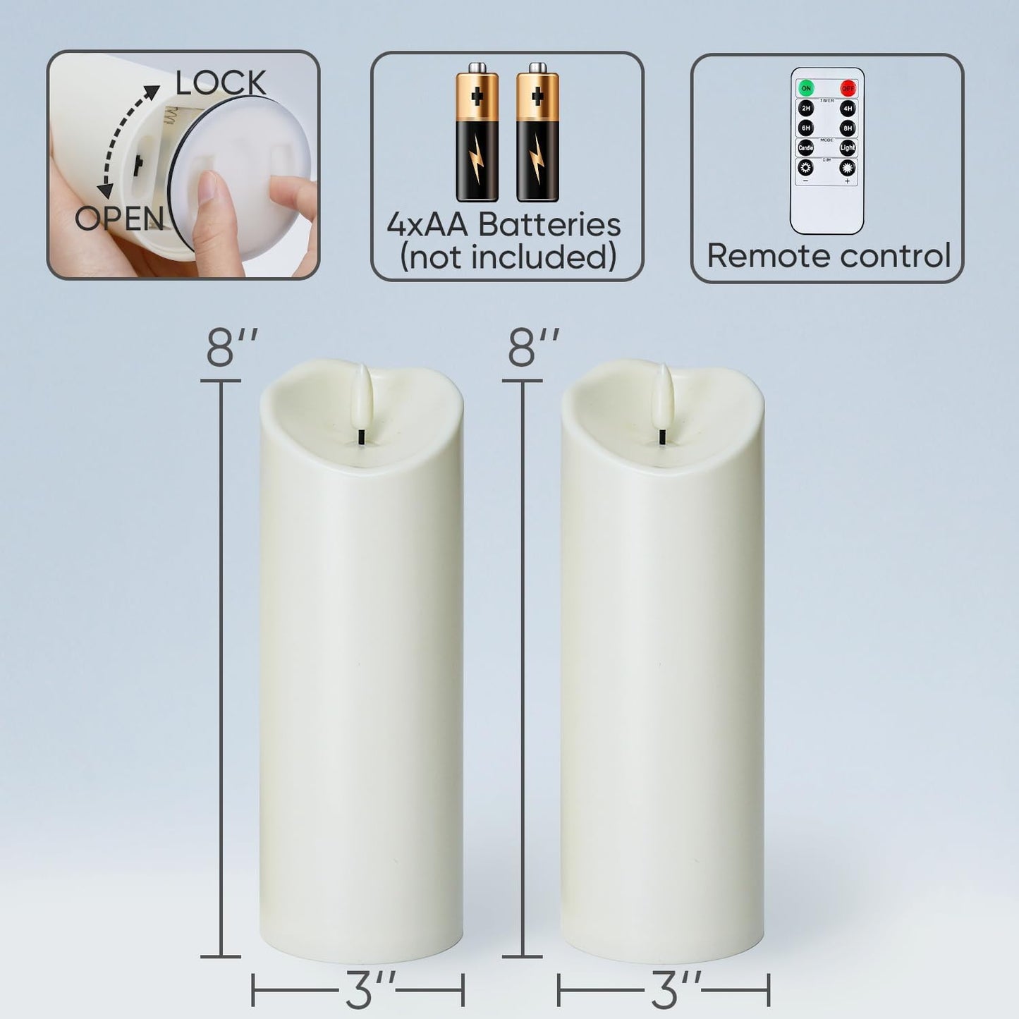 Homemory Outdoor Waterproof LED Candles, Battery Operated with Remote and Timers, Electric Fake Plastic Pillar Candles, Ivory White, Set of 2