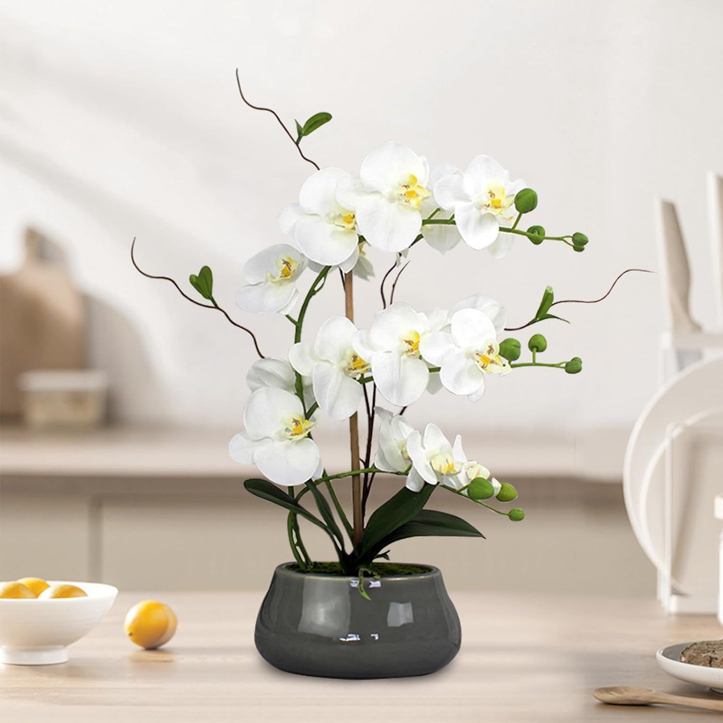 White Orchid Artificial Flowers with Gray Vase Large Silk Faux Phalaenopsis Flowers for Dining Room Table Floral Centerpieces Indoor Decoration