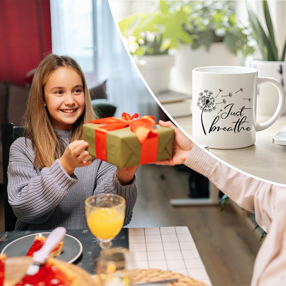 RZHV Just Breathe 11 Oz Novelty Mug, Funny Dandelion Coffee Mug for Floral Lover, Calming Gifts for Yoga Lover, Meditation Mental Health Gifts for Women