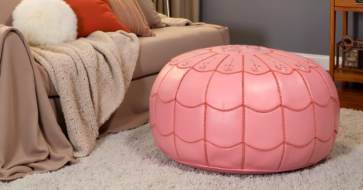 Stuffed Arch Design Moroccan Leather Pouf Ottoman, Handmade, Pre-Filled, 100% Genuine Leather, 14” Height x 22” Diameter – Boho Chic Footstool & Living Room Décor (Pink)