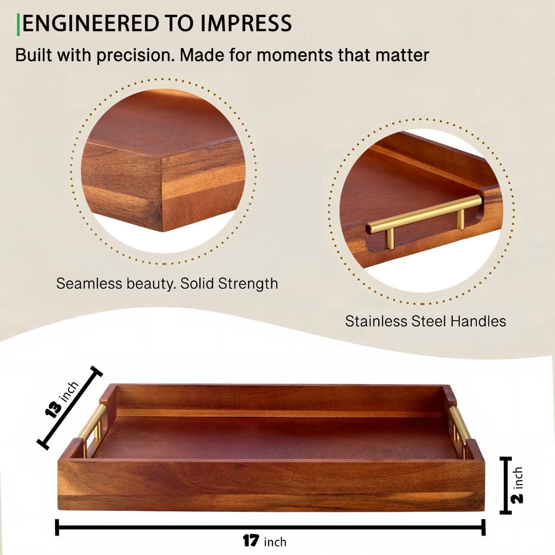 Premium Acacia Wood Ottoman Tray, 17x13 inches Large Serving Tray, Decorative Coffee Table Tray with Metal Handles, Ideal for Breakfast in Bed, Appetizers, Kitchen & Living Room Decor