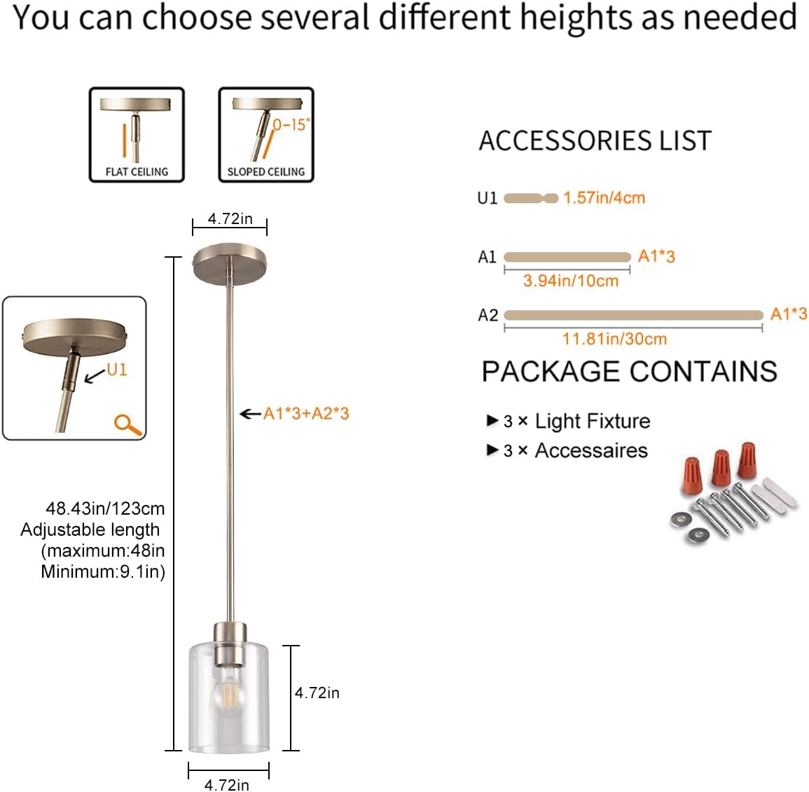 Brushed Nickel Pendant Lights Kitchen Island - Clear Glass Pendant Light Fixture Multiple Stems Rods 3 Units 12 Inch 3 Units 4 Inch (3 Pack Brushed Nickel)