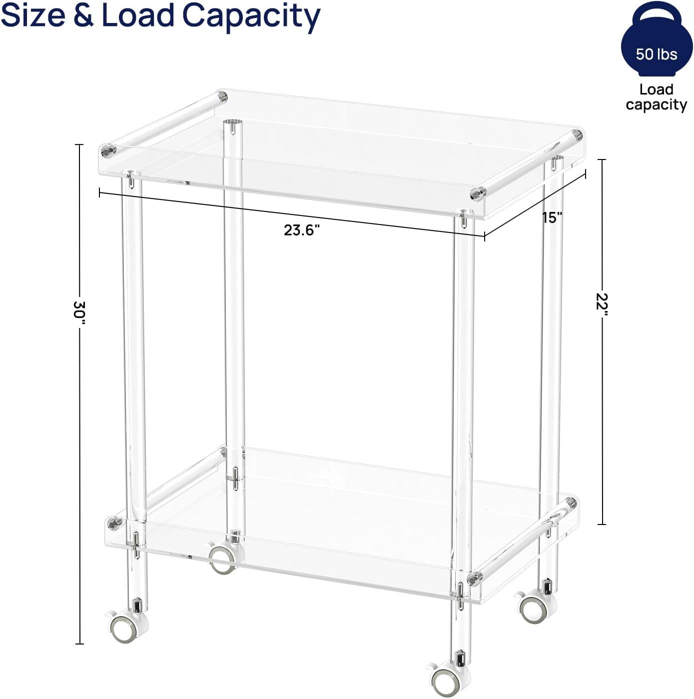 HMYHUM Acrylic Bar Cart, Rolling Serving Cart with 4 Lockable Wheels for The Home Bar, Kitchen, Living Room, Modern, 2-Tier, 23.6" L x 15" W x 30" H, Clear