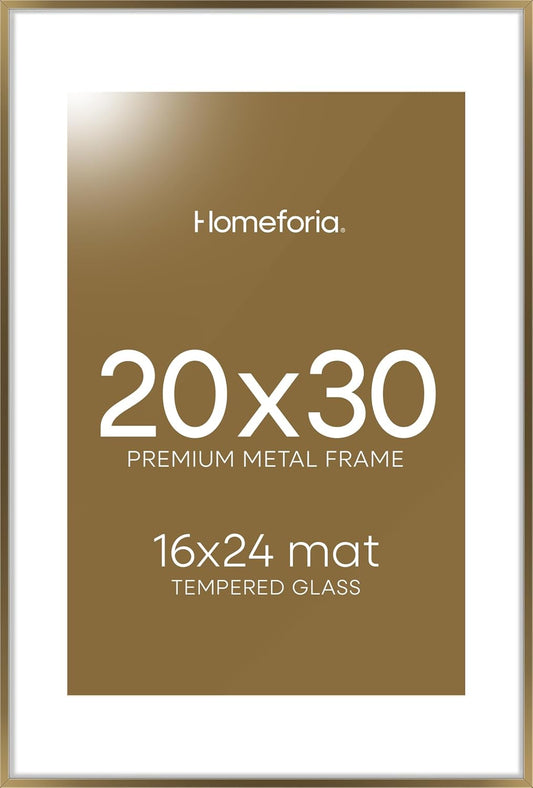 Homeforia 20x30 Picture Frame Bronze, High End Metal 20 x 30 Large Poster Frames with Mat 16 by 24 for Photo, 20x30 Brass Frame Matted to 16x24, 30x20 Hanging Frame, Tempered Glass, Wall Kit, Set of 1
