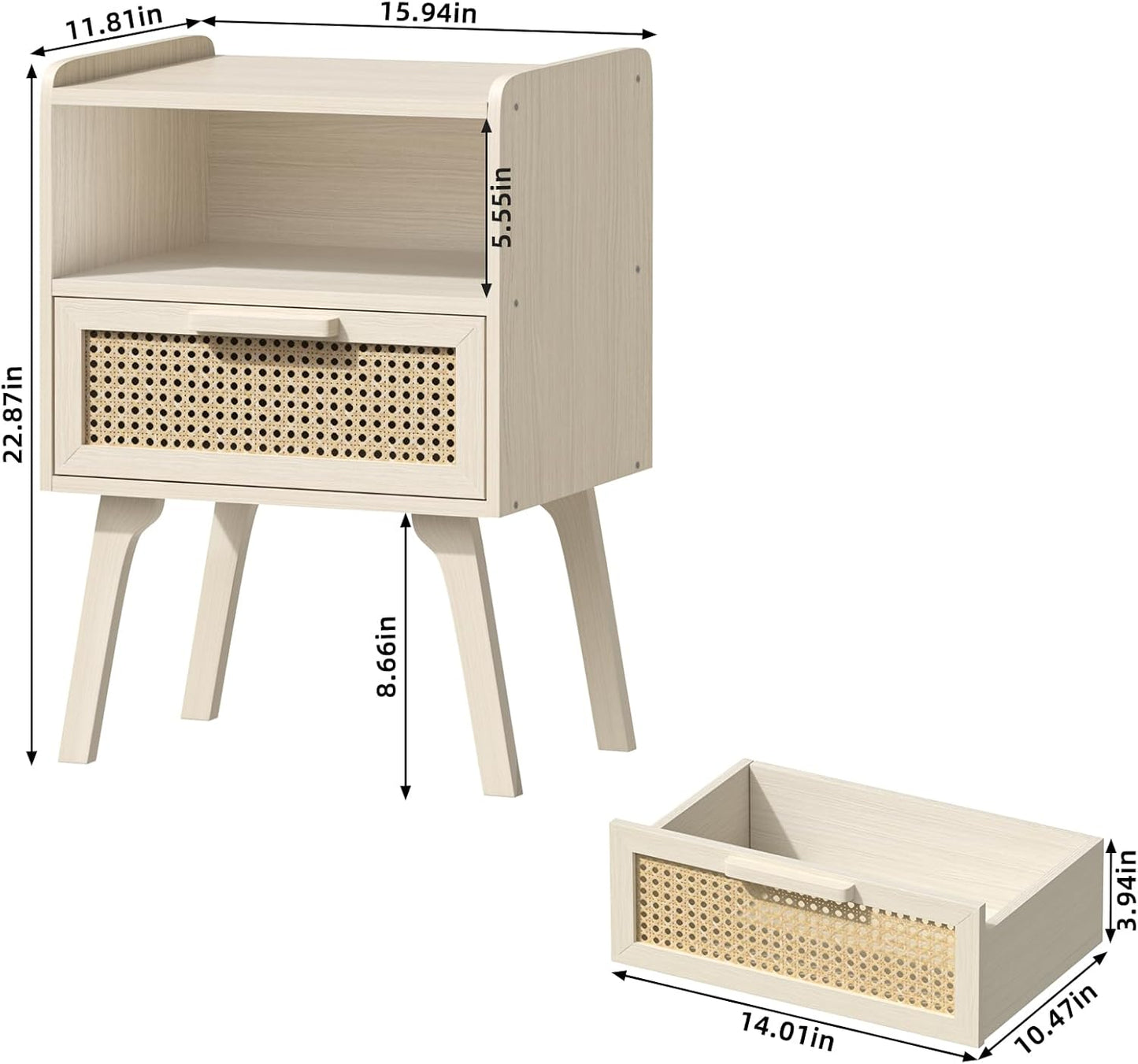 Lerliuo Rattan Nightstand, Side Table with Drawer Open Shelf, Cane Accent Bedside End Table with Solid Wood Legs, Mid Century Modern Night Stand for Bedroom, Dorm and Small Spaces (Grey White)