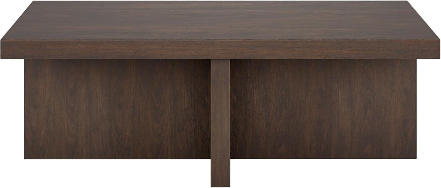Henn&Hart 44" Rectangular Wood Pedestal Low-Profile Coffee Table for Living Room, Family Room, or Office, Alder Brown