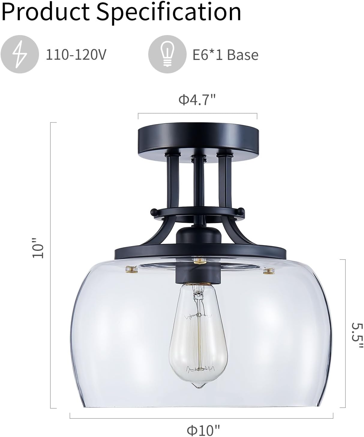 WUZUPS Chandelier Rustic Farmhouse Industrial Round Semi-flushmount Ceiling LED Light Fixture with Clear Glass Shades for Bathroom Kitchen Foyer Entryway, H 10" x W 10", E26 Base, Black