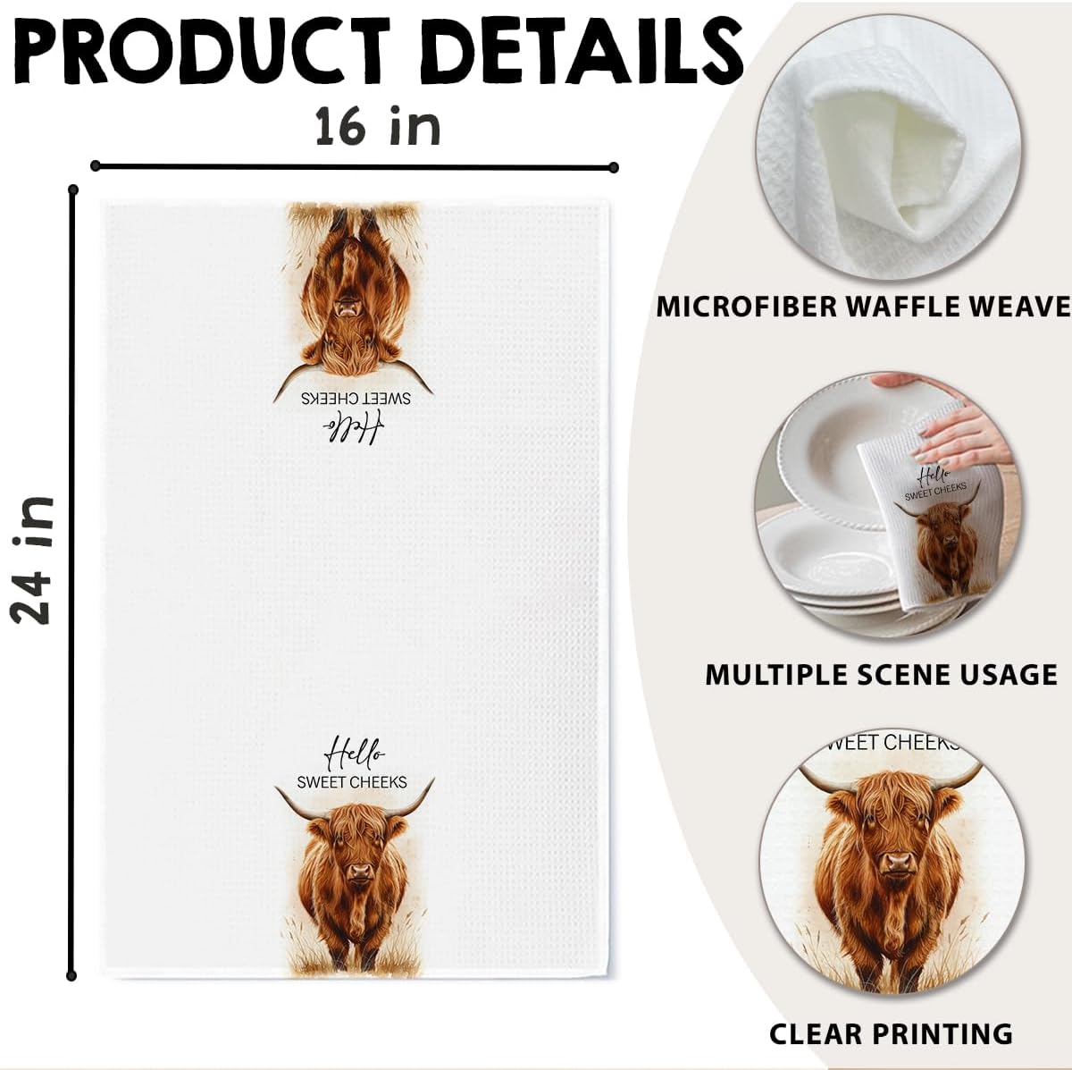 Highland Cow Farmhouse Hand Towels for Bathroom Kitchen Decor | Waffle Weave Microfiber Dish Towel Set | Hello Sweet Cheeks Farmhouse Cow Decorative - A01