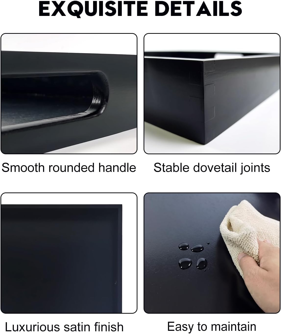 22 Inches Square Wood Ottoman Tray Black, Extra Large Wooden Serving Tray with Handles for Living Room, Serving Food Breakfast, Ottoman Coffee Table Couch Sofa Kitchen