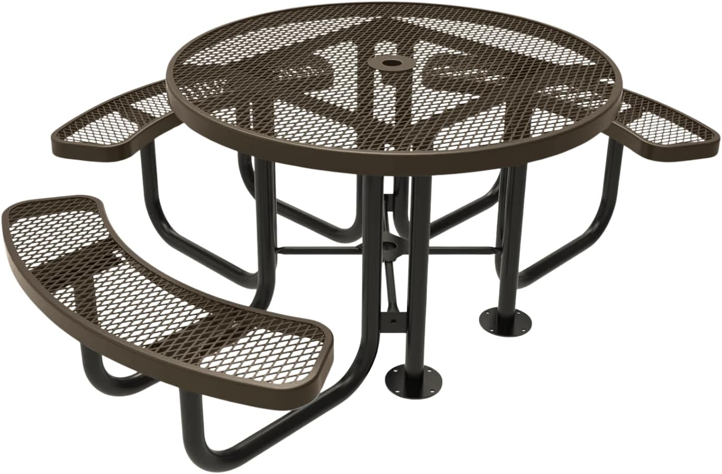 Heavy-Duty Portable Outdoor Picnic Table with Umbrella Hole, Expanded Metal Patio Dining Furniture Made in America (46" Round Top, Textured Brown)