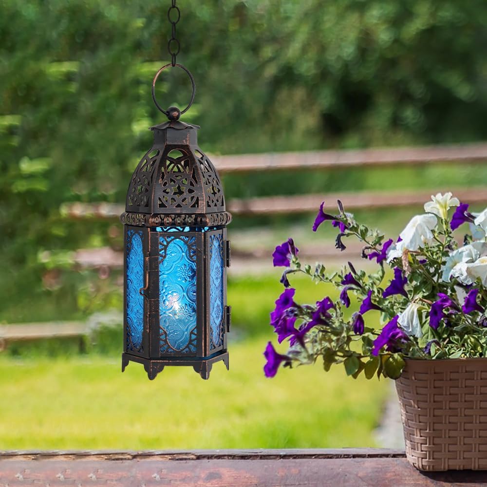 NEEDOMO Hanging Moroccan Lantern, 11'' Vintage Candle Holder, Metal Lanterns Decorative Indoor Outdoor, Table, Patio, Porch, Shelf, Gothic Home Decor (Blue, Medium Size)