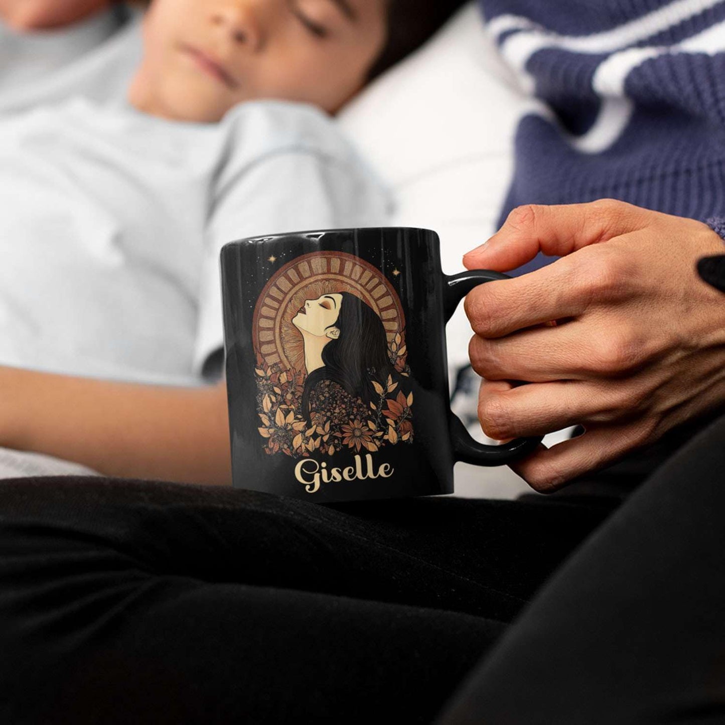 Elegant Woman Coffee Mug with Custom Name, Autumn Themed Ceramic Cup 11oz 15oz, Unique Fall Inspired Black Mug for Women, Personalized Women's Day Coffee Cup, Gifts for Holiday