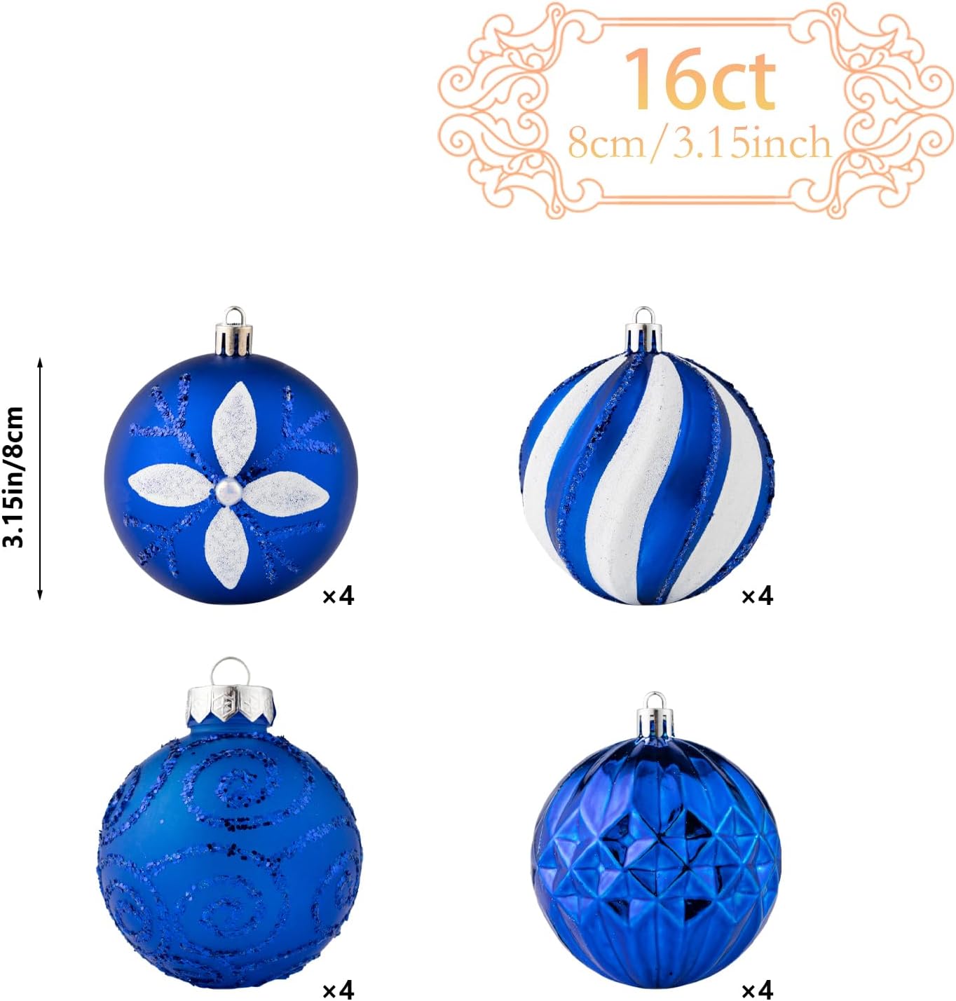 16Pcs Christmas Ball Ornaments Set, 3.15" Shatterproof Christmas Ornaments, Luxury Glitter Hanging Ornaments for Xmas Tree, Xmas Holiday, Party, Wedding (Blue)