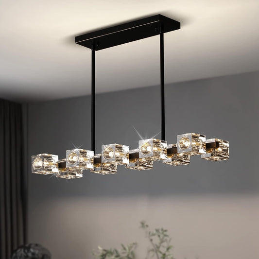 Dining Room Light Fixture,Modern Crystal Chandeleirs Semi Flush Mount Ceiling Light Fixture,Black Metal Crystal Pendant Light for Kitchen Island Farmhouse Dining Room,Living Room (10-Lights)