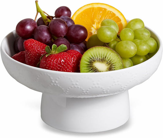 ONEMORE Ceramic Fruit Bowl, 10" Large White Removable Pedestal Bowl for Kitchen Counter, Modern Footed Fruit Bowl with Draining Holes, Decorative Fruit Bowls for Vegetables, Snacks, Candies