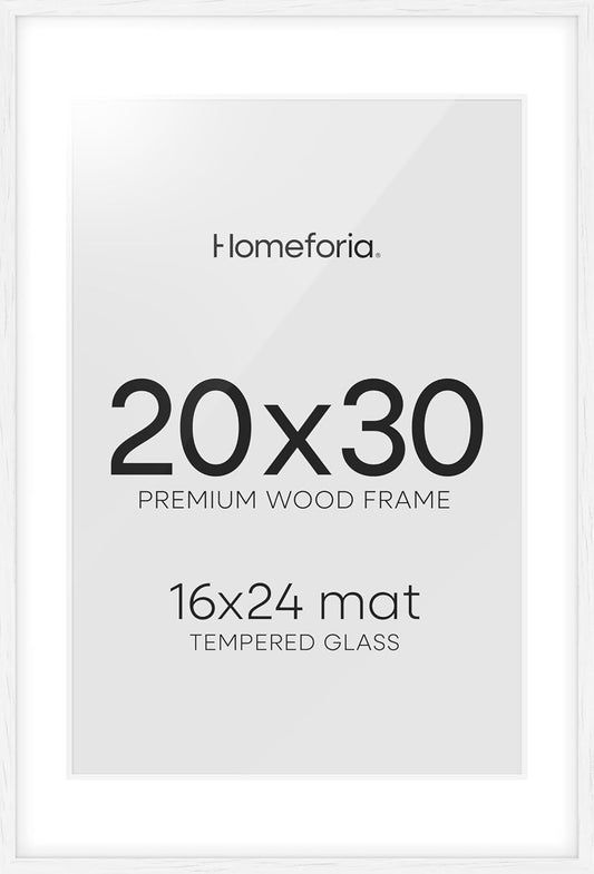 Homeforia White 20 x 30 Frame, High End Oak 20 x 30 White Wood Poster Frames with Mat 16 by 24 Photo, 20x30 Wooden Picture Frame Matted to 16x24, 30x20 Large Frames, Tempered Glass, Wall Kit, Set of 1