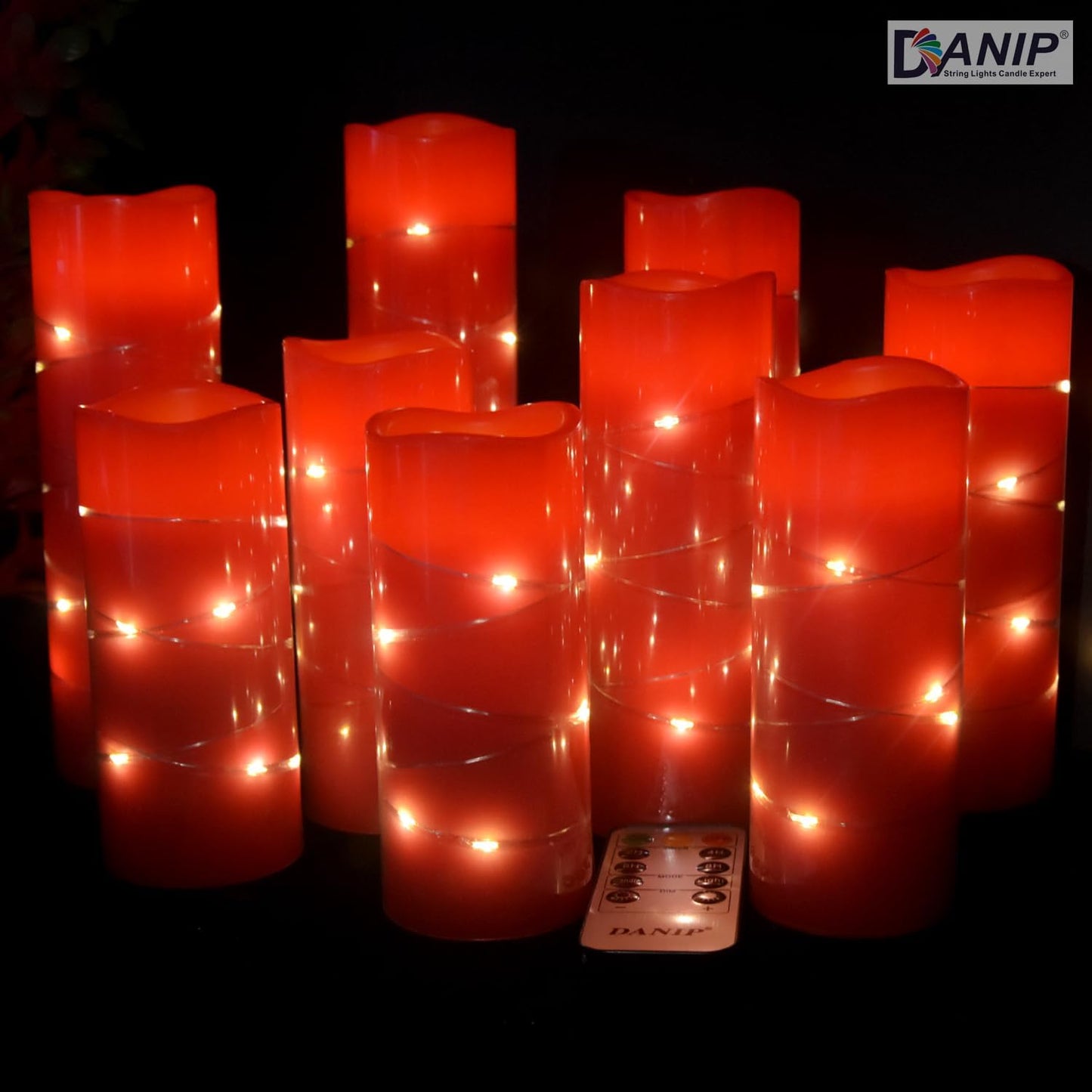 danip red flameless Candle, Built-in Star Cluster, 9 LED Candles, 11 Button Remote Control, 24-Hour Cycle Timer, Flashing Flame, Real Wax, Battery Powered. (Starry Sky Series)