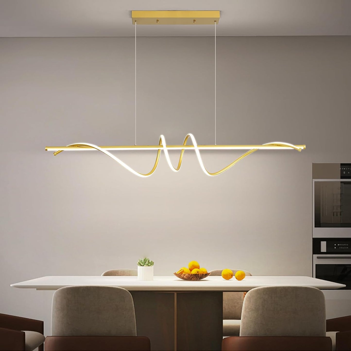 Modern Design Dimmable Desk Linear Pendant Light, with Remote Control Dimmable 3 Color Mode & Brightness Ceiling Lamp, Anti-Flicker Dining Light Fixture for Kitchen, Dining Room (Gold, 47IN)