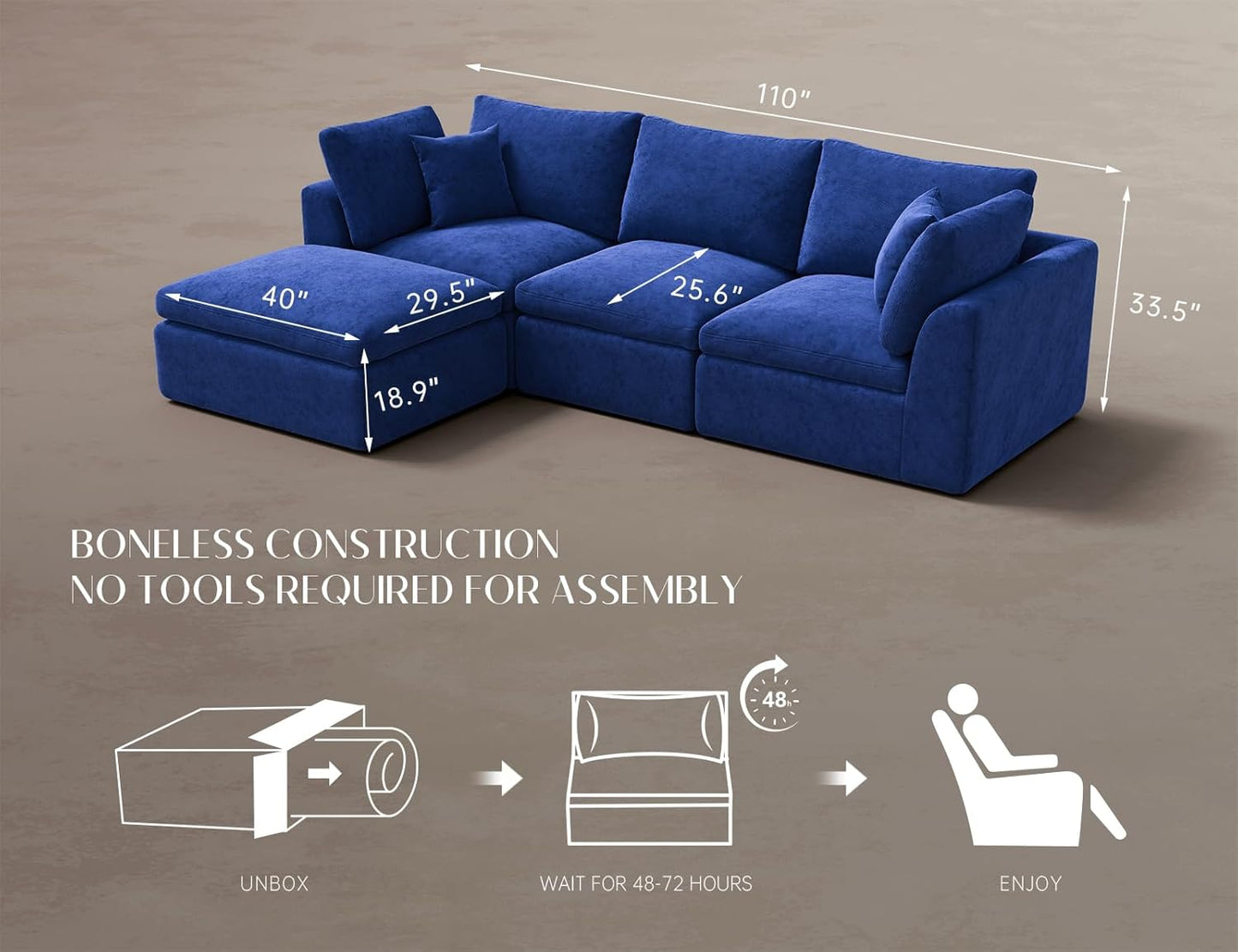 110" Cloud Sectional Couches for Living Room, Boneless L-Shape Couch with Ottoman, 3 Seater Modular Sectional Sofa, Blue