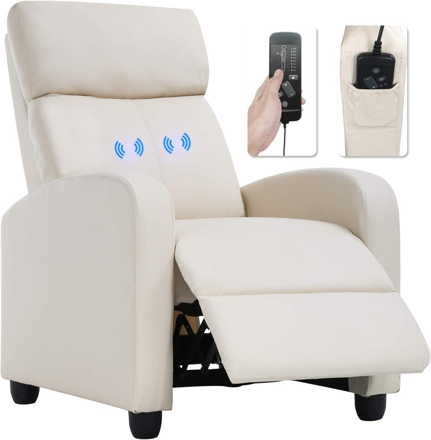 BestMassage | Recliner Chair | with 2 Point Massage Function | Pu Beige | with Lumbar Support, Adjustable Push Back, Footrest & Padded Seat | Easy Assembly | for Living Room, Home Theatre