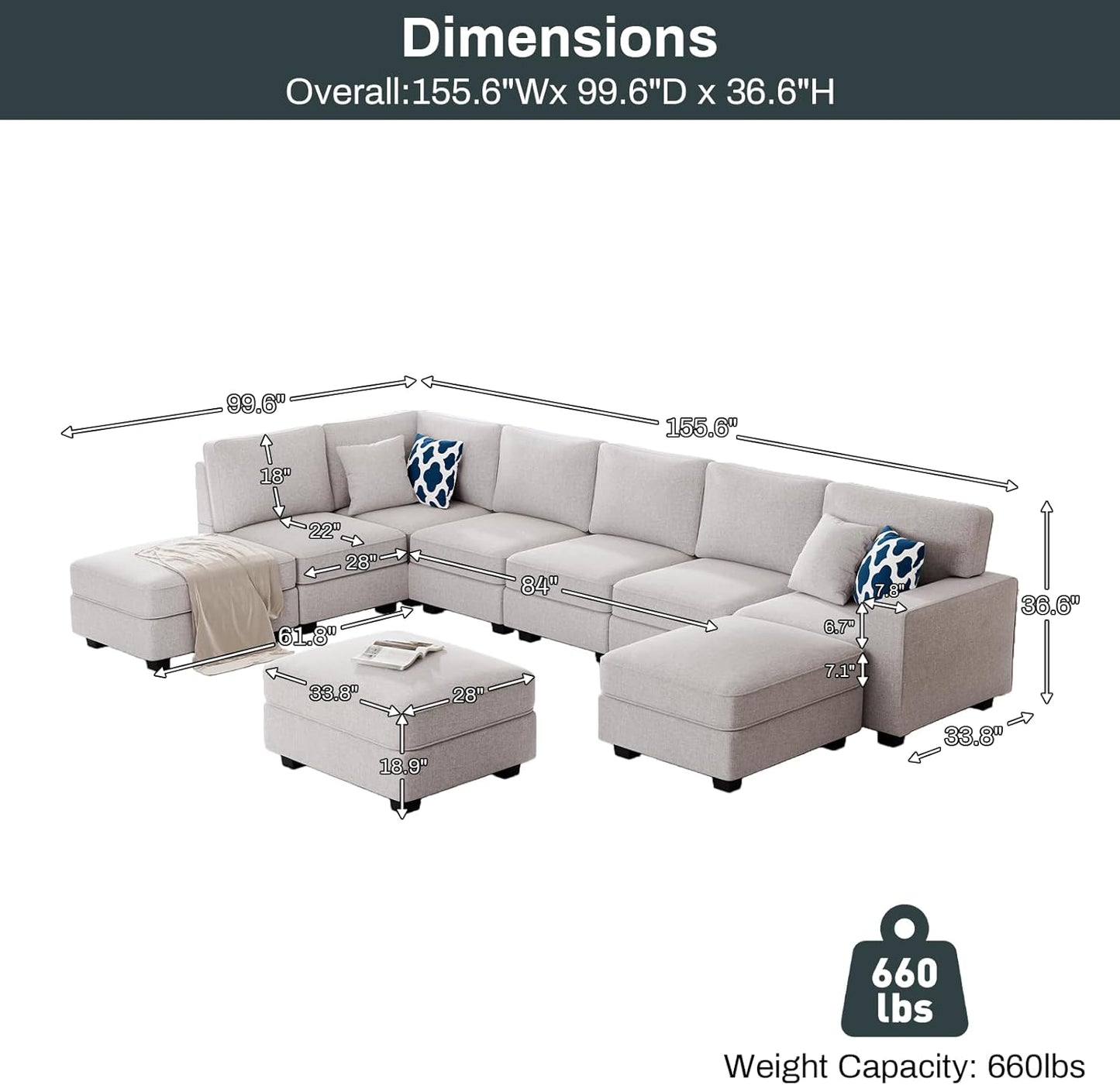 L Lengend Vansen Modular Sectional Sofa U Shaped Couch with Ottoman Modern Reversible Corner Sectional Couch for Living Room (Light Grey, U Shaped Sofa-4)