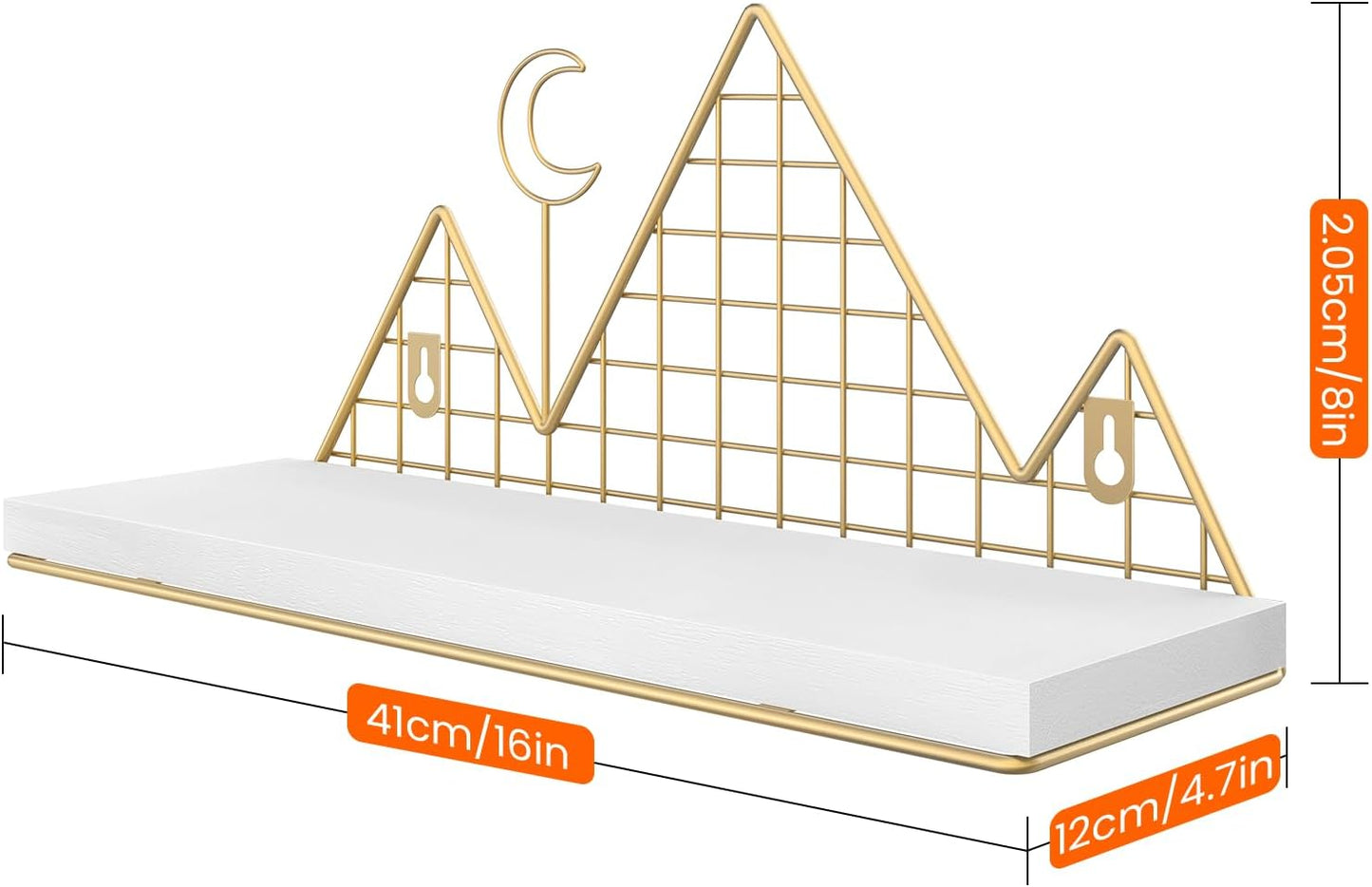 Homode Floating Shelves, Set of 2 Mountain Shelves Wall Decor, Metal and Wood Hanging Shelves Woodland Bookshelf for Nursery, Kids Room, Bathroom, Bedroom, White and Gold