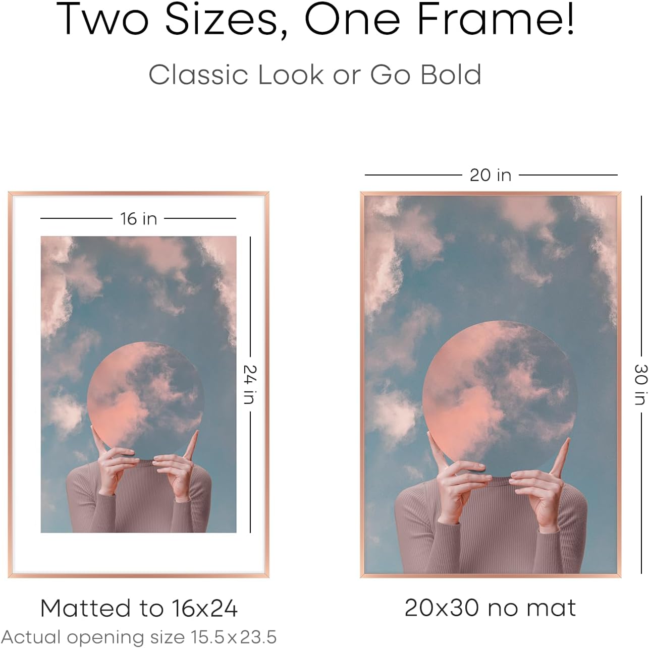 Homeforia 20x30 Frame Rose Gold, High End Metal 20x30 Picture Frames with Mat 16x24 inch Photo, 20 x 30 Rose Gold Poster Frame Matted to 16 by 24, 30x20 Large Frame, Tempered Glass, Wall Kit, Set of 1