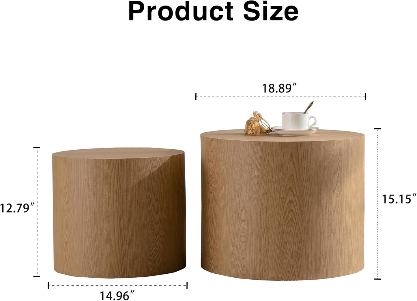 Nesting Round Coffee Table Set of 2, Small Circle Accent End Table for Small Spaces, Morden Drum Side Table, Wooden Center Table for Living Room, Fully Assembled - Natural