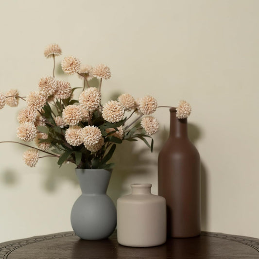 Fake Flowers in Vase for Centerpieces, Faux Flowers in Modern Ceramic Vase Set of 3 with 8 Artificial Autumn Chrysanthemums Home Decor